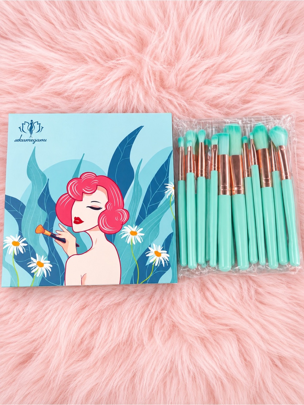 Mint Green Makeup Brush Set with Matching Floral Palette - Unbranded